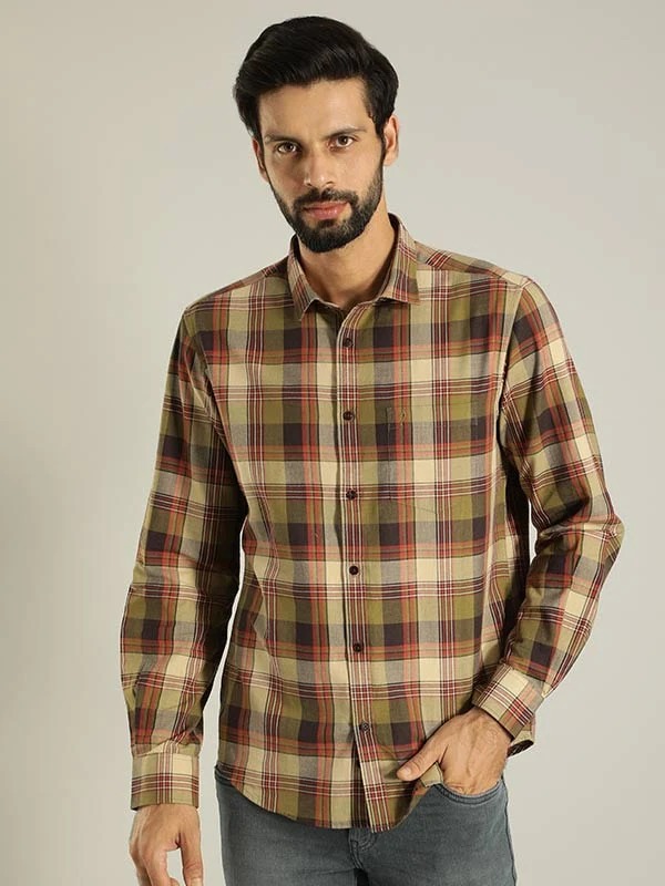 Indian Terrain Men's Slim Fit Full Sleeve Checkered Green Shirt